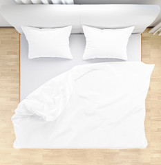 Obraz premium Bed sheets and pillows messed up after nights sleep ,comfort and bedding in a hotel room, concept travel and vacation top view,, 3D illustration
