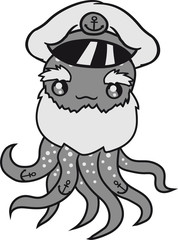 seefahrer kapitän mütze alt matrose schiff boot meer tintenfisch tentakel klein süß niedlich oktopus krake geist unterwasser monster kind baby