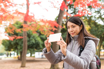 Woman taking photo with maple tree
