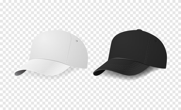 White and black baseball cap icon set. Design template closeup in vector. Mock-up for branding and advertise isolated on transparent background.