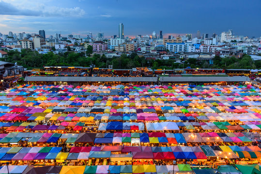 Top view of Canvas tent outdoor market in City