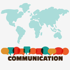 Vector illustration of a communication concept. The word "communication" with colorful dialog speech bubbles with world map background