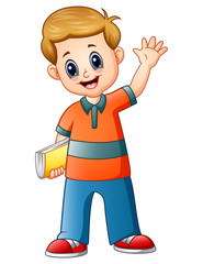 Cartoon boy holding a book with waving hand