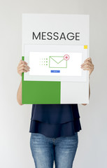 Woman holding placard with email icon