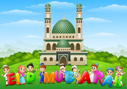 Happy Cartoon Kids Celebrate Eid Mubarak