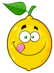 Smiling Yellow Lemon Fruit Cartoon Emoji Face Character Licking His Lips. Illustration Isolated On White Background