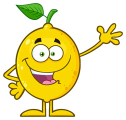Yellow Lemon Fresh Fruit With Green Leaf Cartoon Mascot Character Waving . Illustration Isolated On White Background