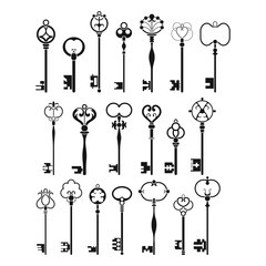 Vintage antique keys, black silhouettes isolated on white background. Vector illustration
