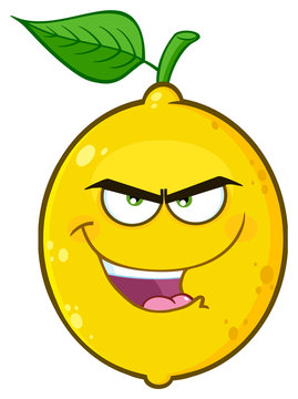 Evil Yellow Lemon Fruit Cartoon Emoji Face Character With Bitchy Expression. Illustration Isolated On White Background