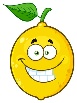 Smiling Yellow Lemon Fruit Cartoon Emoji Face Character With Funny Expression. Illustration Isolated On White Background