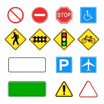 Image of various road signs isolated on a white background. 3D rendering