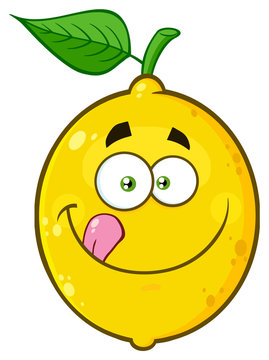 Smiling Yellow Lemon Fruit Cartoon Emoji Face Character Licking His Lips. Illustration Isolated On White Background