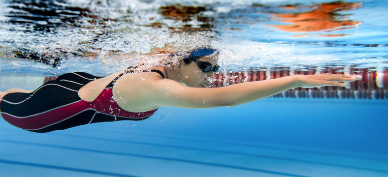 Female swimmer swimming pool.Underwater picture