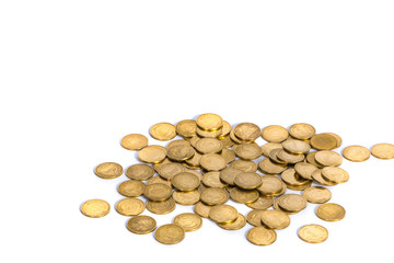 Gold coins on white background, business banking idea.