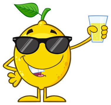 Lemon Fresh Fruit With Green Leaf Cartoon Mascot Character With Sunglasses  Holding Up A Glass Of Lemonade. Illustration Isolated On White Background