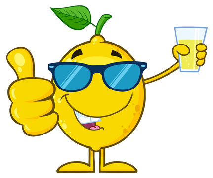 Lemon Fresh Fruit With Green Leaf Cartoon Mascot Character With Sunglasses Holding A Glass Of Lemonade And Giving A Thumb Up