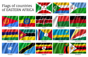 Set of waving flags of East Africa countries: Djibouti, Comoros, Burundi and Eritrea, Ethiopia, Kenya, Malawi and Mauritius. 18 ensigns of Eastern African states. Vector isolated icons