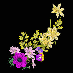 Embroidery vintage flowers bouquet of poppy, daffodil, anemone, violet in botanical style on black background. Stock vector illustration.