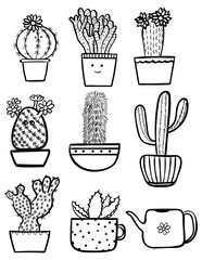 Set of doodle hand drawn cactuses.