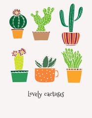 Set of doodle hand drawn color cactuses.