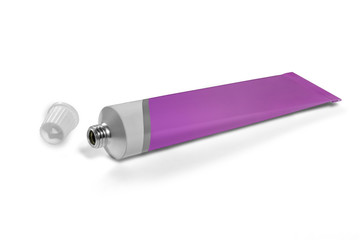 Tube of white and lilac color on a white background