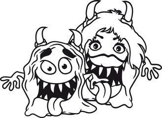 paar pärchen 2 freunde team liebe verliebt frau weiblich mädchen girl sexy hübsch schön schleimig ekelig schleim glibber monster klein frech böse horror comic cartoon