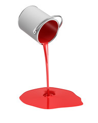 3d rendering of a red paint bucket overturned with paint leaking out into a puddle isolated on white background © gearstd