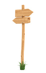 3d rendering of a wooden pole with some grass on it's base and two blank arrows on the top.