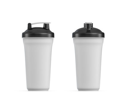3d rendering of two white water shakers with black covers in side and front views on white background.