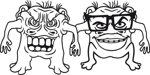 paar liebe verliebt freunde 2 team sonnenbrille hornbrille nerd geek hässlich zahnspange monster klein frech böse horror comic cartoon