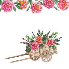 Watercolor cart with flowers on white background