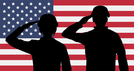 silhouette american soldiers salute on usa flag