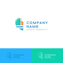 Water and house logo, Eco home line art icon. Symbol of nature and construction