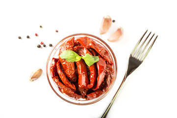 Italian dish - sundried tomato with oil and spice. Top view