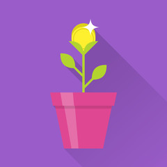Gold coin flower pot, creative making money solution, office motivation. Vector flat style cartoon illustration with long shadow on violet background. Business success concept