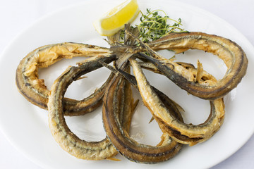 Grilled fish, belone fish on white background