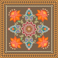 Decorative ornament with paisley in indonesian style. Batik. Bandana print, napkin, carpet.