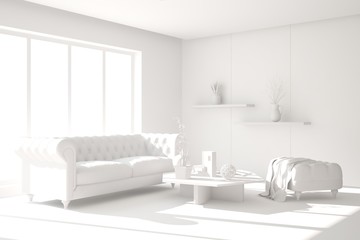 White room with sofa. Scandinavian interior design. 3D illustration