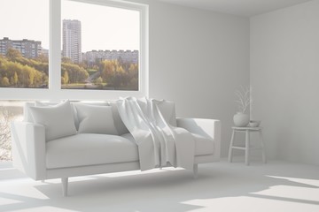 White room with sofa. Scandinavian interior design. 3D illustration