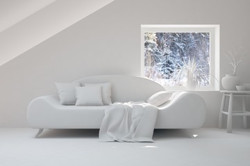 White room with sofa. Scandinavian interior design. 3D illustration