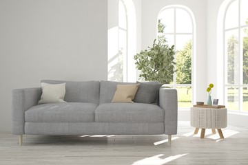 White room with sofa and green landscape in window. Scandinavian interior design. 3D illustration