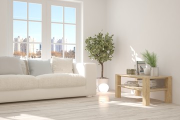 White room with sofa and urban landscape in window. Scandinavian interior design. 3D illustration