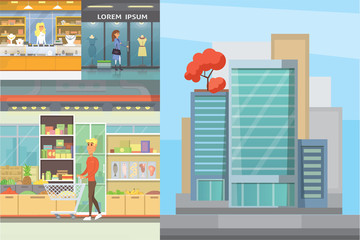 City shopping center, boutique gallery indoor interior floors with walking shoppers. Shop centre building exterior.