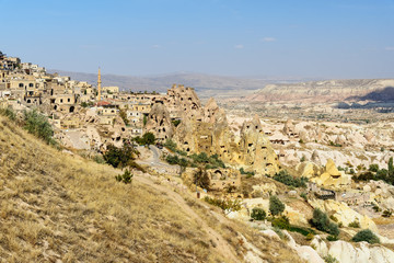 Fototapeta na wymiar Pigeon valley and Uchisar town in Cappadocia. Turkey