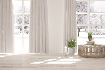 White empty room with winter landscape in window. Scandinavian interior design. 3D illustration