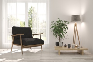 White room with armchair and green landscape in window. Scandinavian interior design. 3D illustration