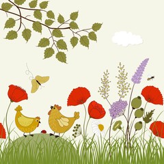 Card with colorful wild flowers and cute birds