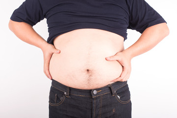 Man holdinging his fat belly on white background