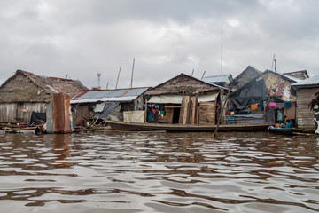 IQUITOS, PERU - JULY 18, 2015: View of partially floating shantytown in Belen neigbohood of Iquitos, Peru.
