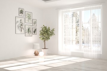 White empty room with winter landscape in window. Scandinavian interior design. 3D illustration